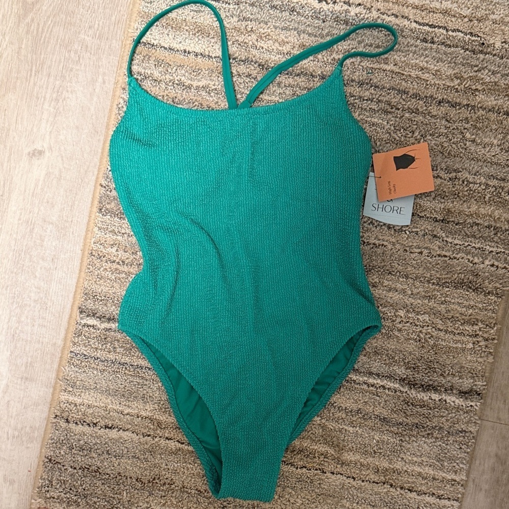 Shade & Shore Pucker Textured Cross Back Cheeky One-Piece Swimsuit M Green NEW